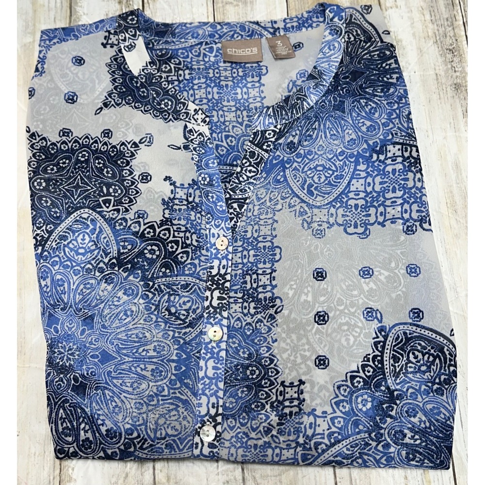 Chicos Blue White Medallion Tunic Tab Sleeve Button Down Top Size 3(U.S 16)